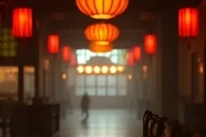 《雾港来信》剧照:雨夜码头边的老式路灯与积水倒影